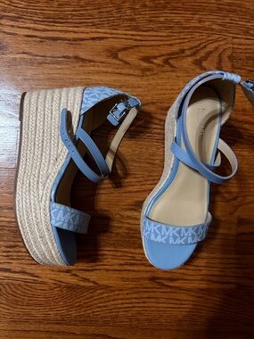 Michael Kors Light Blue Platform Espadrille Sandals with MK Jacquard